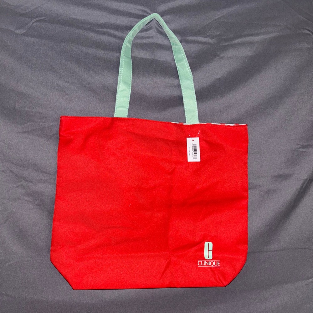 Clinique Canvas Tote Bag Reusable Bag Mint Green Handles Polka Dot Lining